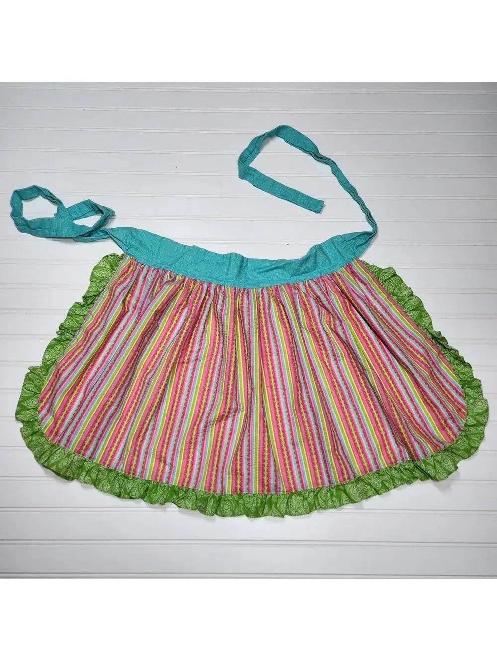 Colorful Handmade Striped Apron with Green Ruffle Trim